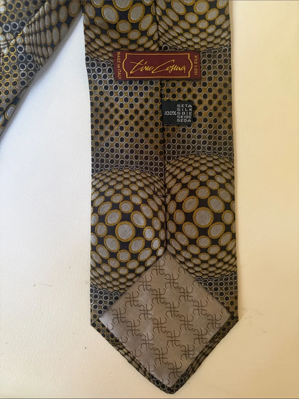 Tino Cosma Silk Tie with Gold and Gray Dot Spheres